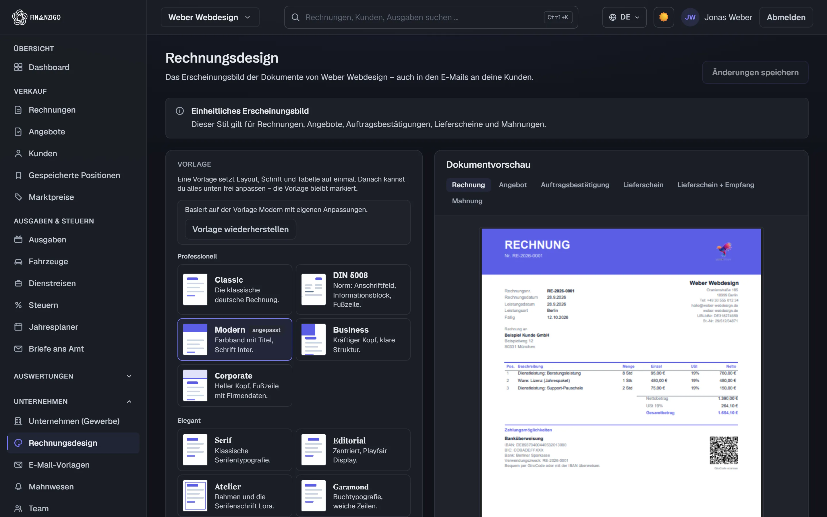 Rechnungsdesign-Editor in Finanzigo: Dokumentvorlagen, Akzentfarbe und Vorschau der fertigen PDF-Rechnung