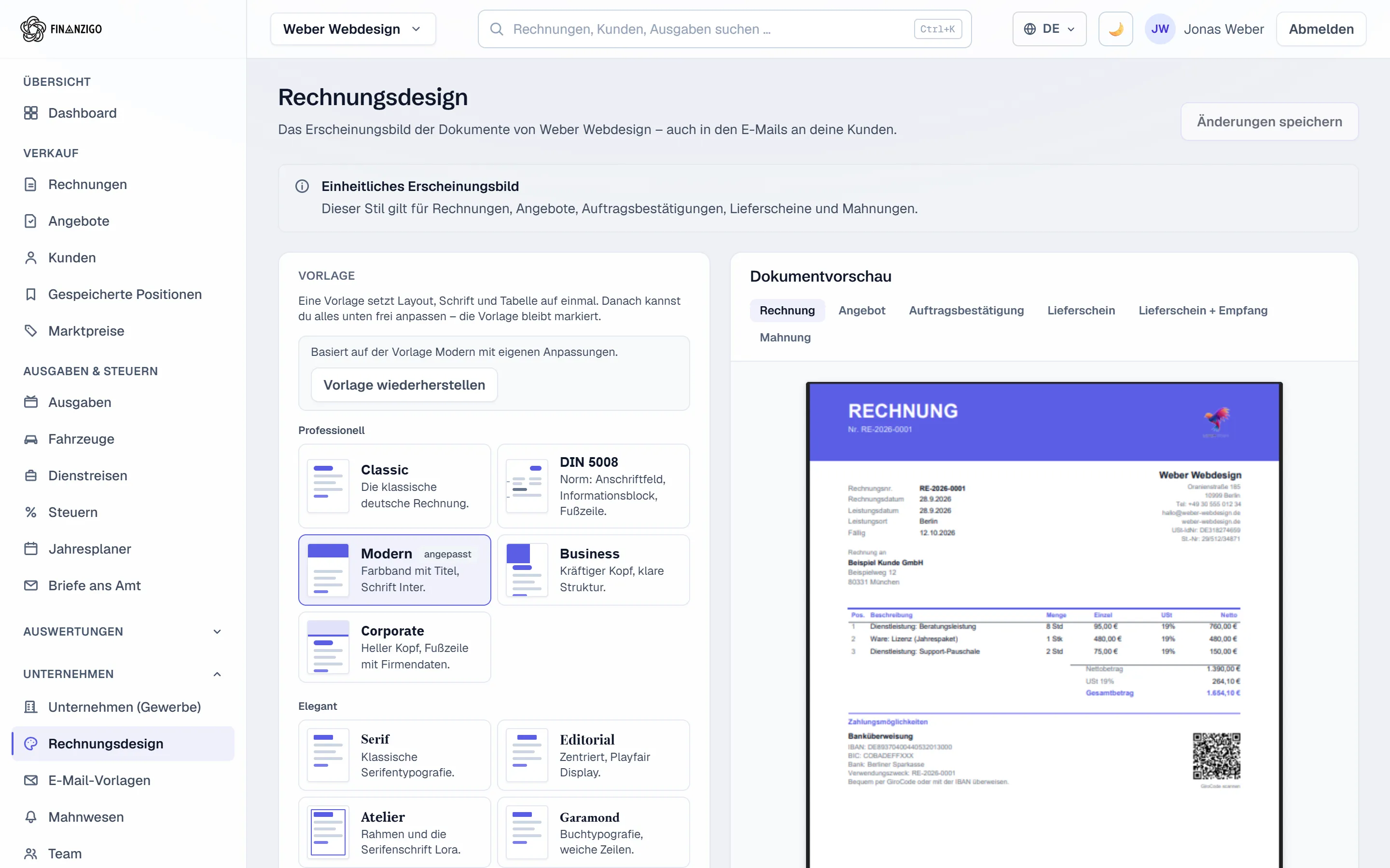 Rechnungsdesign-Editor in Finanzigo: Dokumentvorlagen, Akzentfarbe und Vorschau der fertigen PDF-Rechnung