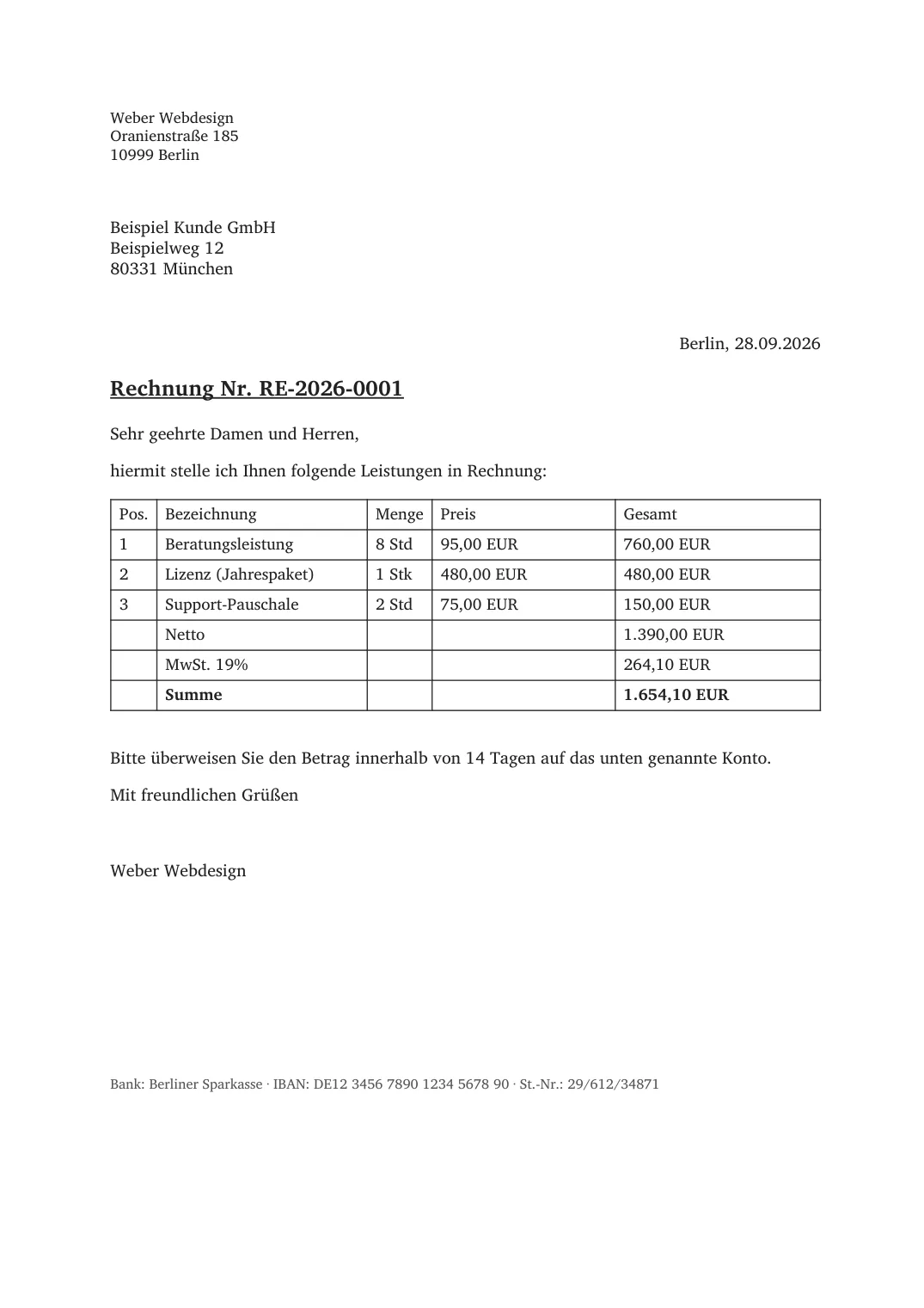 Typische Rechnung aus dem Textprogramm: Schrift Times, Tabelle mit Rahmen, ohne Logo und Farbe